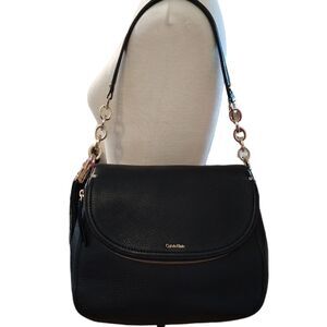 Calvin Klein Black and Gold Chain Saddle Tassel Handbag